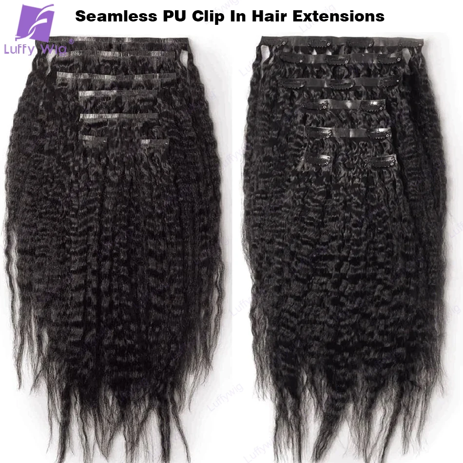 Pu Clip In Hair Extensions, Kinky Straight, Seamless Cabelo Humano, Invisible Clip Ins, 120g, 7Pcs, Set for Full Head