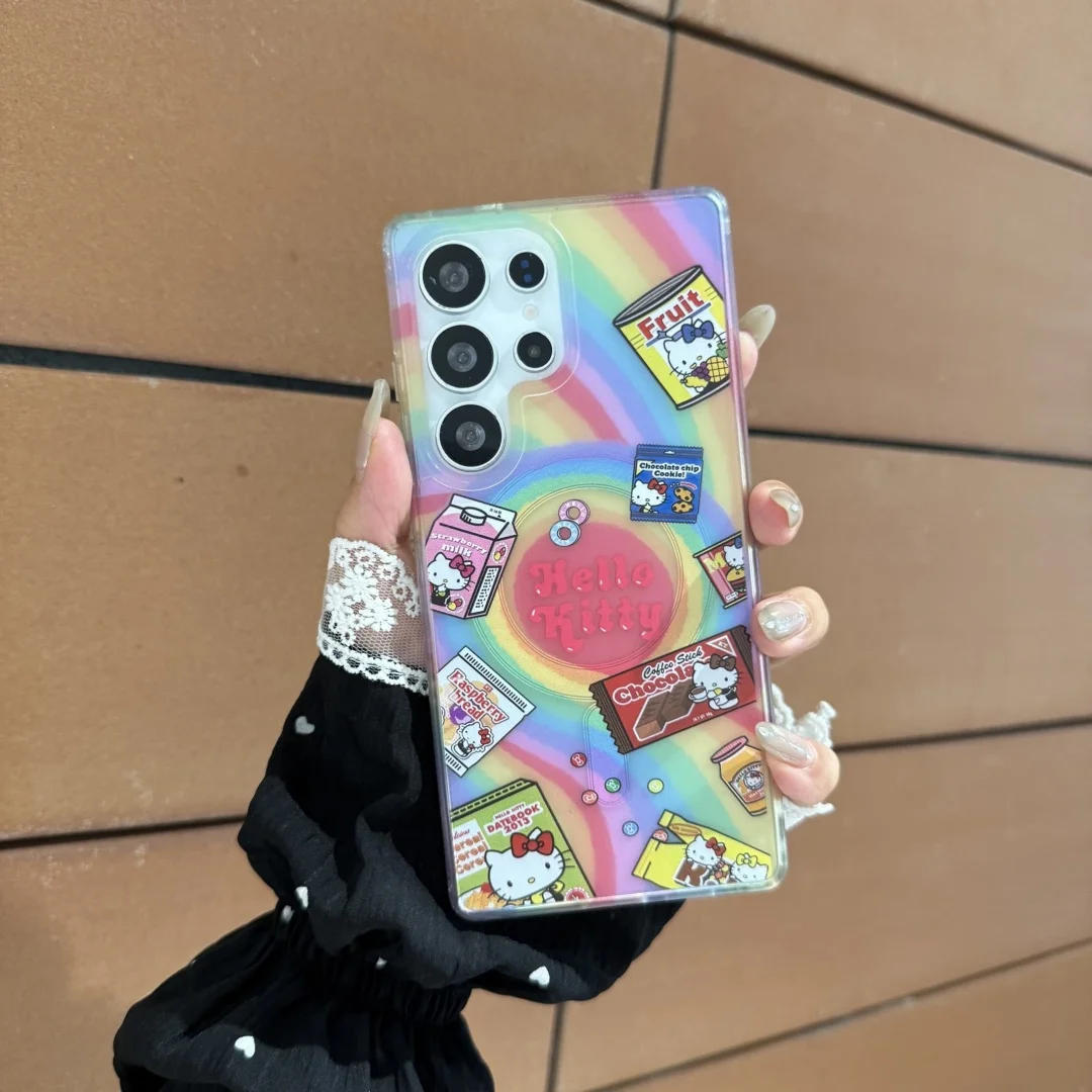 3D Fun Candy Hello Kitty with Magnetic Holder Case For Samsung Galaxy S23 S24 Plus S23 S25 Rainbow Color Wireless Charge Cover