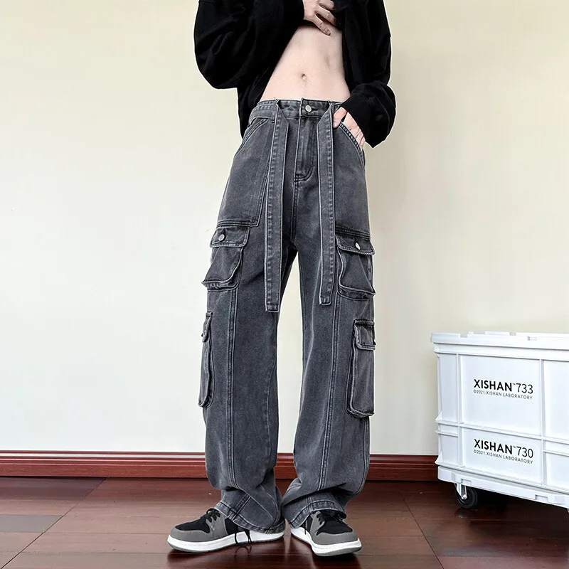 Men's Autumn Winter Multi Pocket Work Jeans Fashion Ruffian Handsome Hip Hop Loose Denim Pants