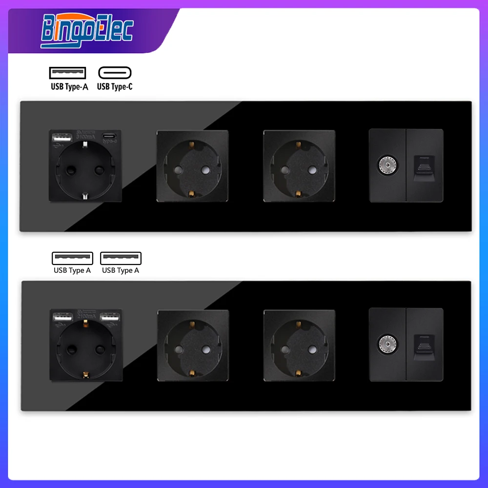 Bingoelec-tomadas de Parede com tv Tomada Cat6 tipo c Tomada Usb Dupla Internet Rj45 Conector de Rede Painel de Vidro Padrão da ue