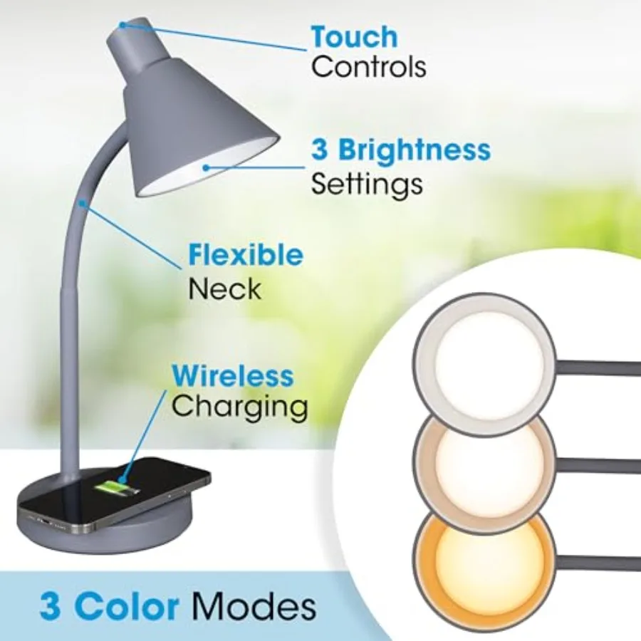 Twist LED Desk Lamp with Wireless Charging Pad 3 Color Temperatures Flexible Neck Book Light Table Lamp Reading Light Work Desk