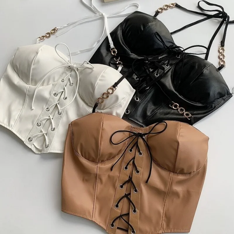 

Летний женский топ-бандо с бантом и воротником-стойкой, черный, из искусственной кожи, на тонких бретелях, облегающий, сексуальный, без спинки, без рукавов, короткий