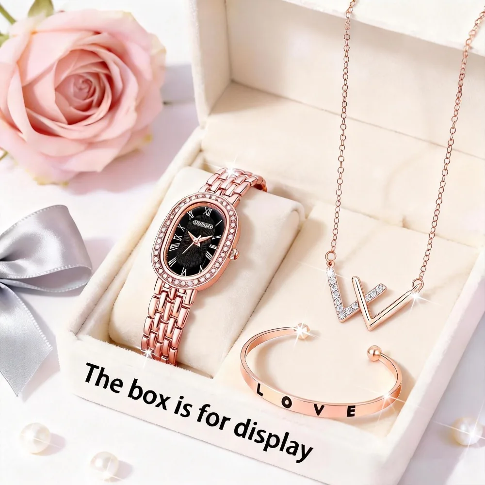 3pcs Elegant Luxury Rose Golden Women's Quartz Watch & Necklace & Bracelet | Ladies' Wristwatch | Elegant Wristwatch for Wedding