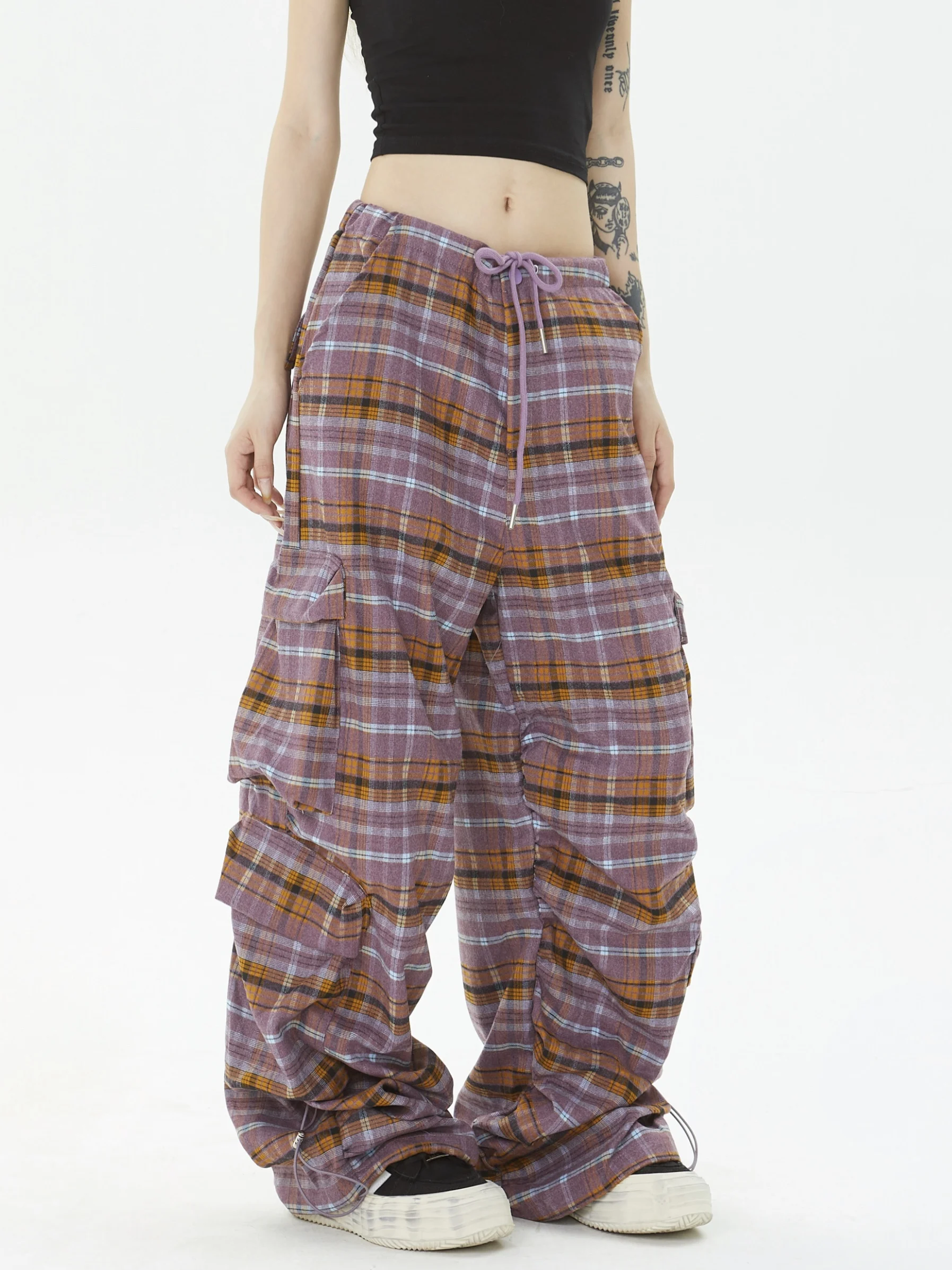 Plus size American vintage Plaid Overalls Women Autumn New High Waist Loose Straight Wide Leg Mopping Casual Trousers