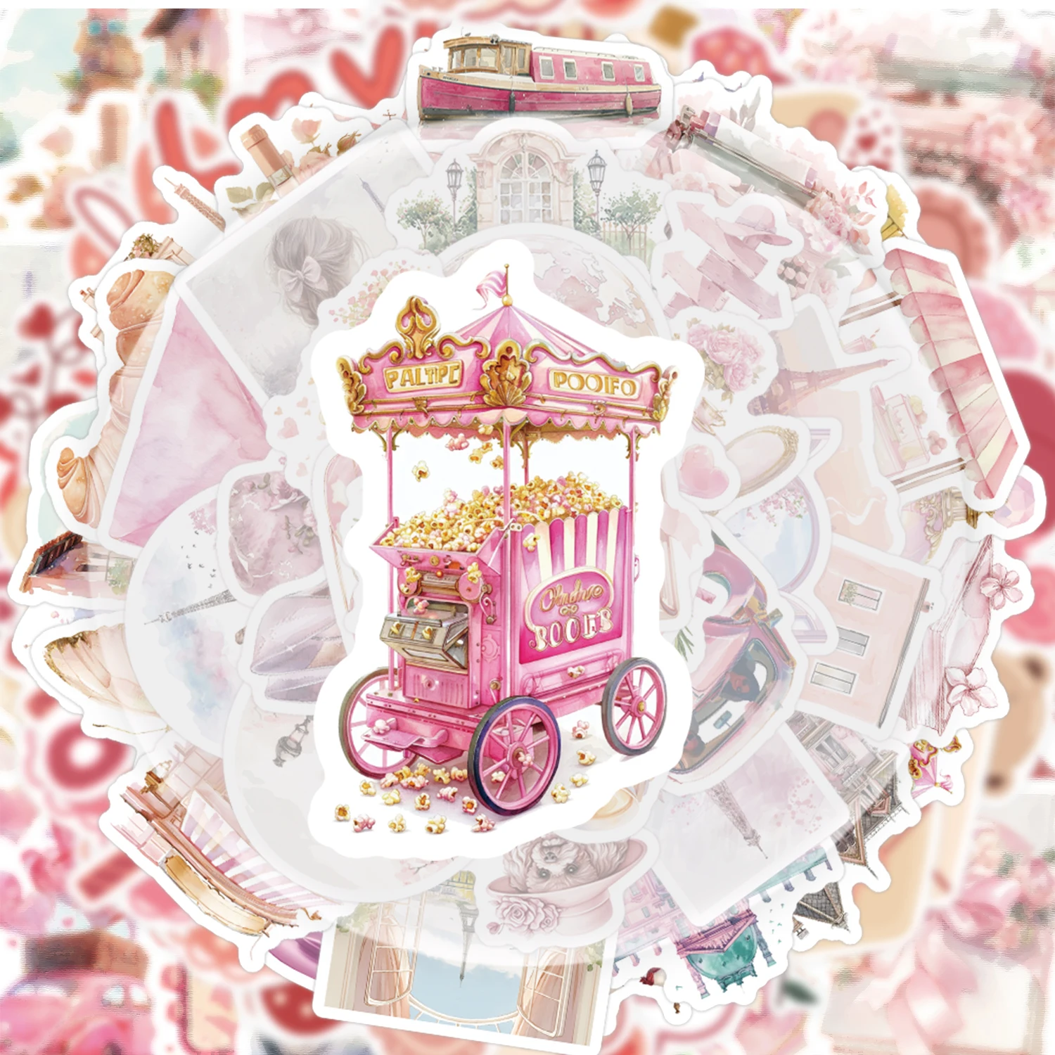 50 Pink Paris Stickers, Vibrant Stickers and Decals, Suitable for Water Bottles, Laptops, Cell Phones, Suitcases, Skateboards, Guitars, Party Decorations