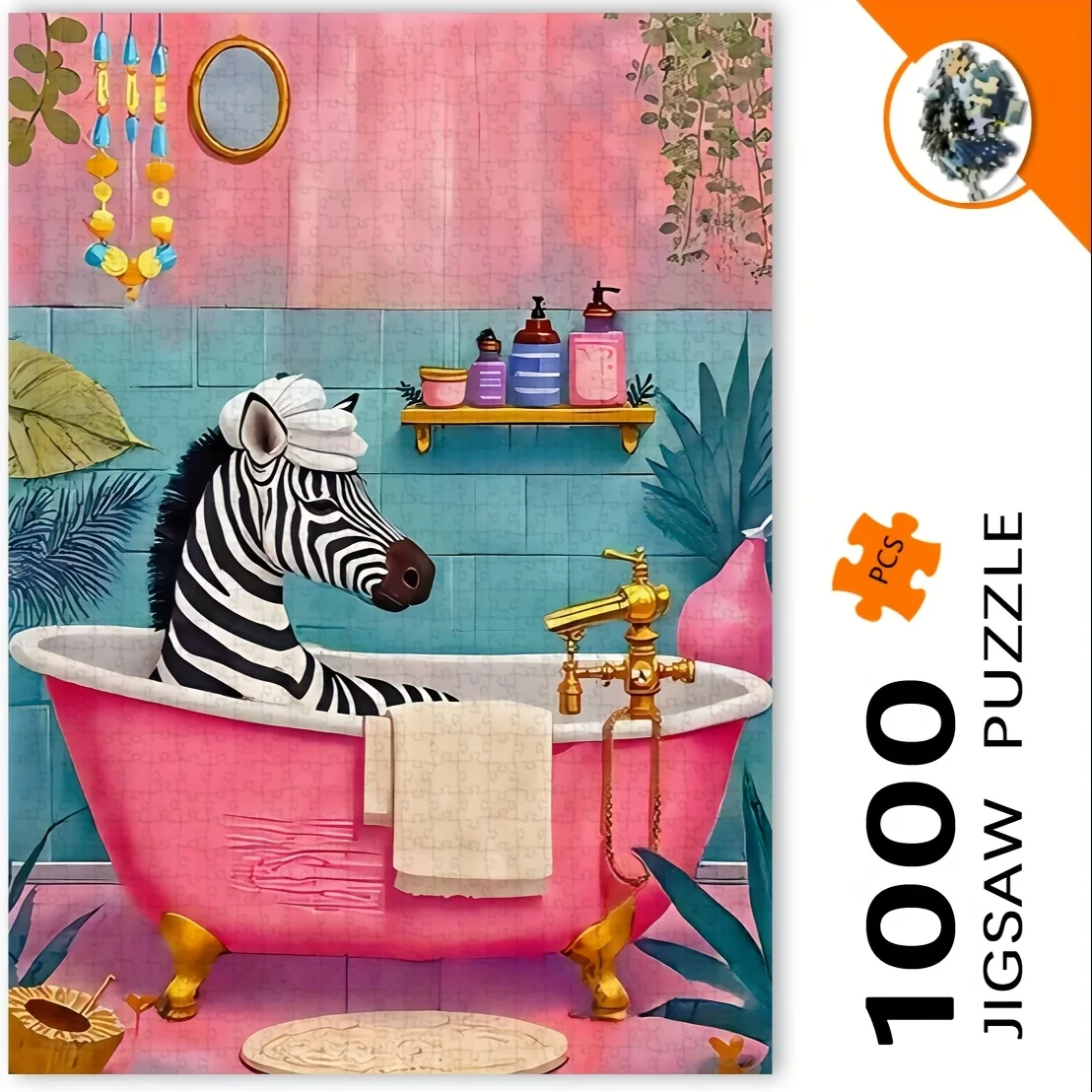 1000 قطعة من أحجية الحمار الوحشي في حمام الفقاعات للبالغين - ألوان نابضة بالحياة، عمل فني مفصل، تصميم مستطيل محمول، منزل DIY
