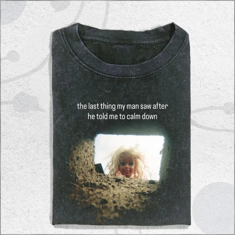 Vintage Wash Funny Doll Face Meme T-shirt, Weird Shirt, Gift For Her Summer Men's and Women's Washed T-shirt Top