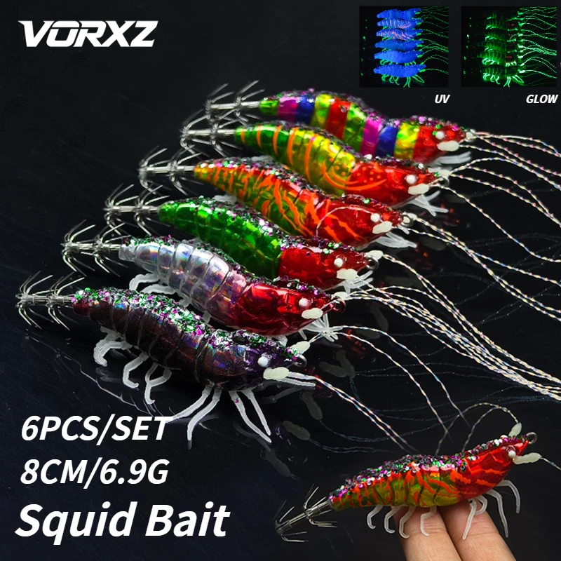 Saltwater Fishing Hook - 6PCS Squid Jig Artificial Shrimp Lure
