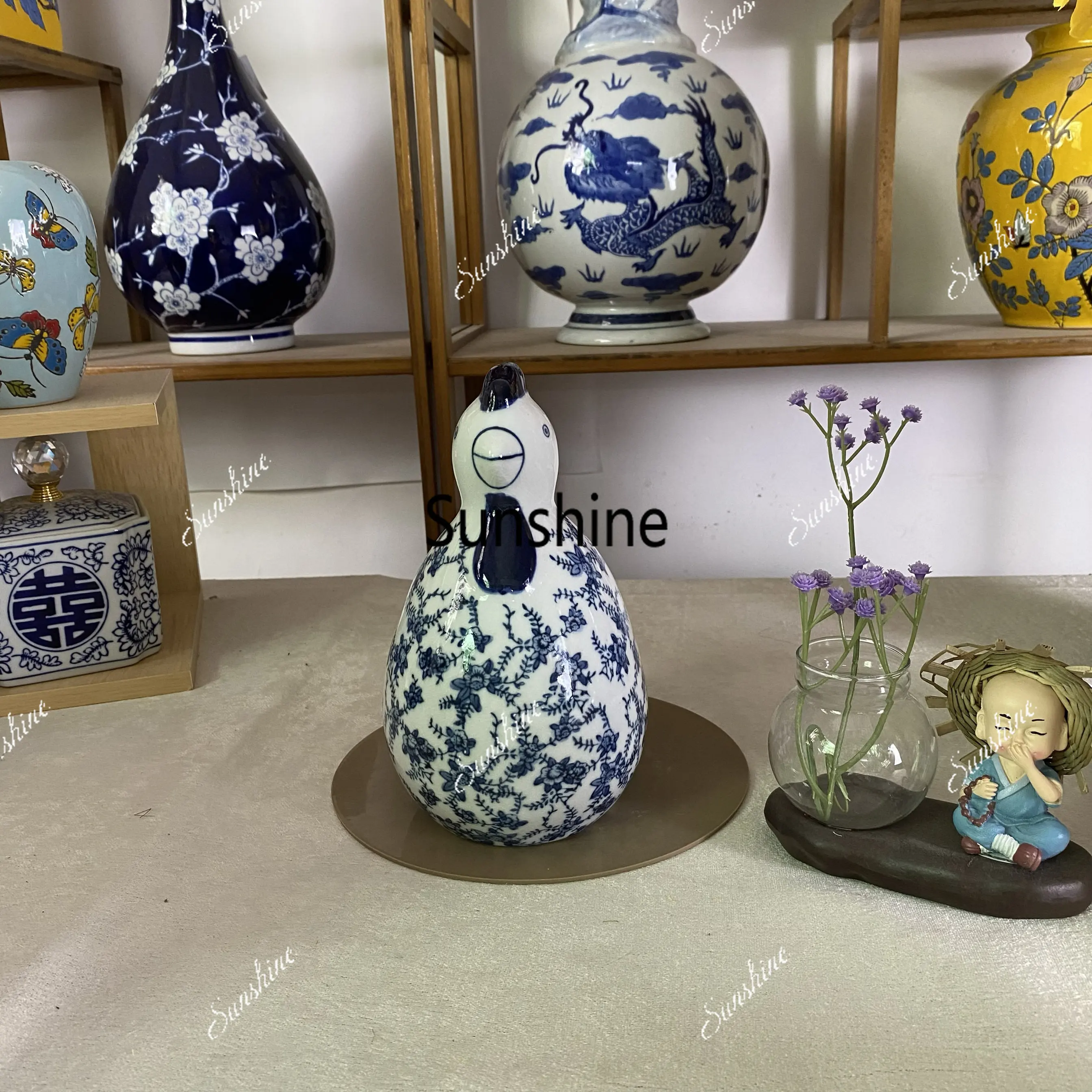 New Chinese pastoral and rural style modern decoration retro ornament blue and white ceramics
