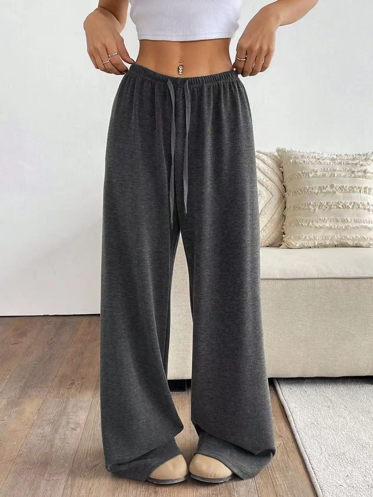 Women Solid Color Lounge Pants High Waist Drawstring Loose Wide Leg Sweatpants Comfortable Casual Pants Daily Wear & Loungewear