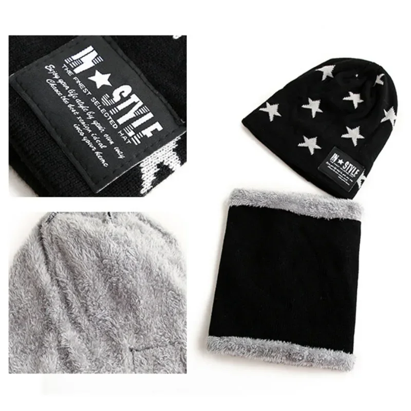 New Winter Baby Hat Set Star Children Beanies Cap Neck Collar Scarf Boys Girls Outdoor Warm Knitted Hat Scarf Kids Head Cover