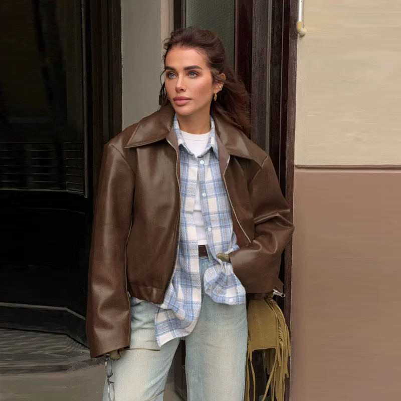 Spring Summer Women Jackets Fashion Lapel Zipper Long Sleeve Female Coats Lady Street Outwear Burgundy Leather Jacket