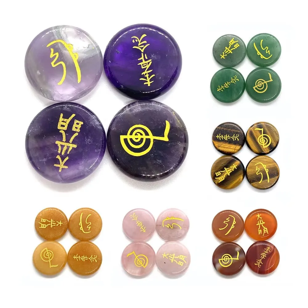 4pcs/set Tiger Eye Chakra Stone Natural Polished Palm Stone Engraved Symbol Reiki Healing Divination Crystal Stone 25mm