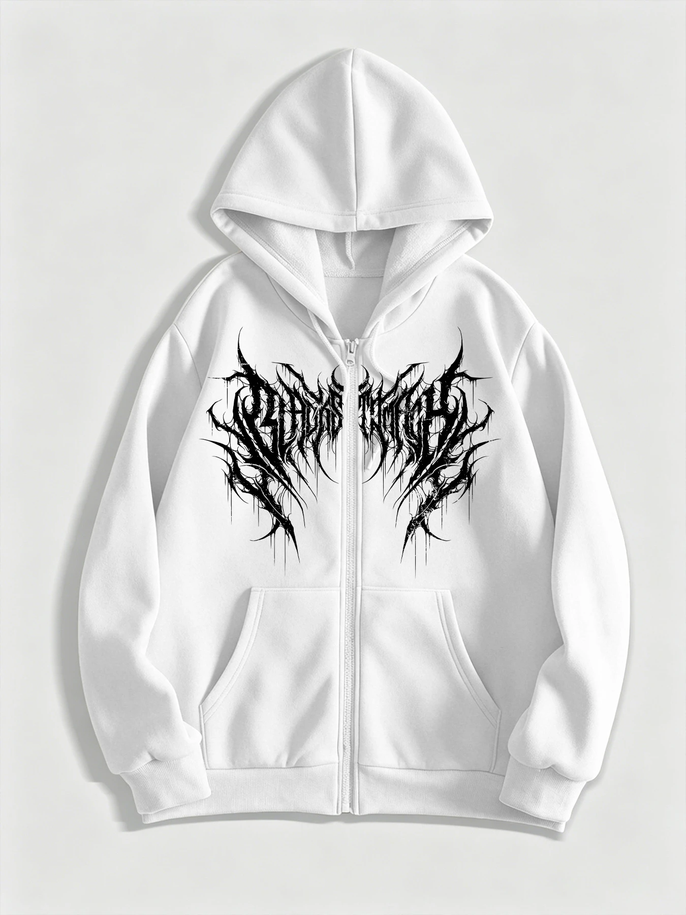 Dark Symmetrical Double-Piece Spiky Burr Thorns Extreme Black Metal Font Print Full-Zip Hooded Cardigan Sweatshirt Men