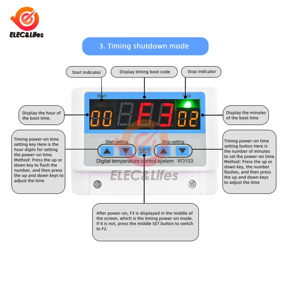 W3103 AC 220V Digital Thermostat 30A Temperature Controller Switch Wall Hanging DC 12V 24V Thermostat Temperature Sensor