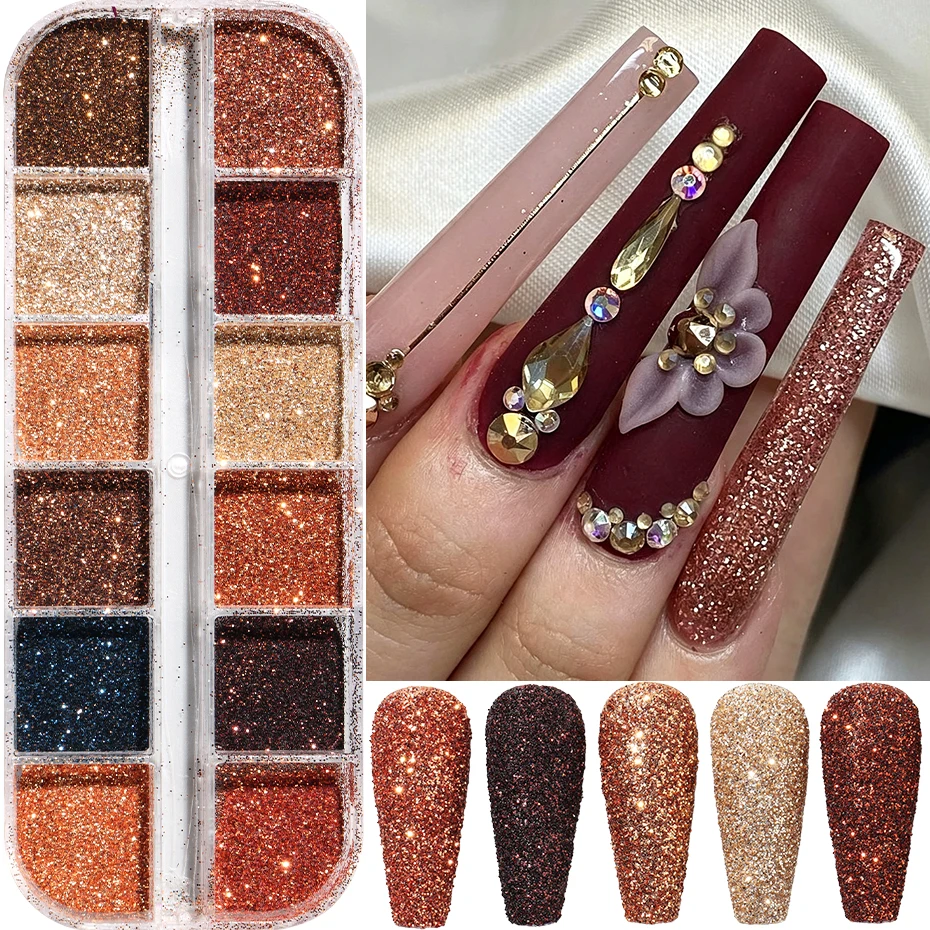 12 Grids Autumn Sugar Nail Powder Holographic Brown Red Champagne Color Fluffy Powder Pigment for Fall Winter Nail Decoration