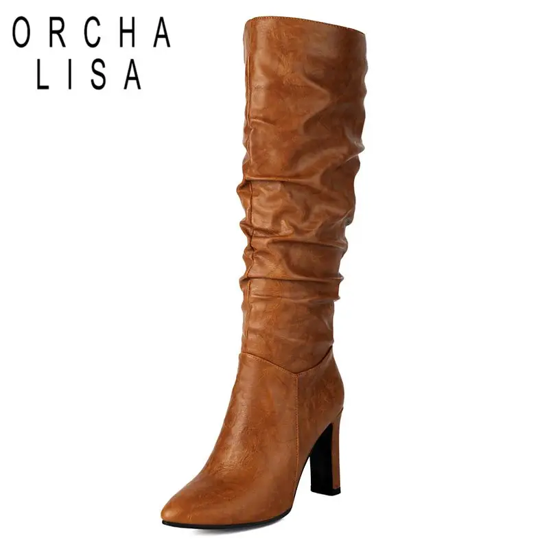 

ORCHA LISA 2025 Sexy Female Knee High Boots Pointed Toe Chunky Heels 8.5cm Zipper Large Size 43 44 45 Fashion Dating Party Bota