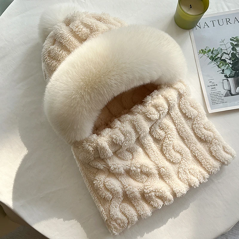 Fashion Plush Velvet Hat Scarf Mask Set Winter Warm Hat Neck Warmer Outdoor Cycling Windproof Warmer Scarf Hat Ear Protection image 6