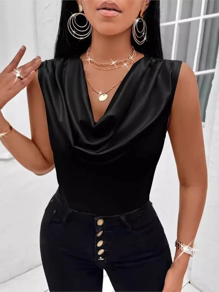 봄 여름 여성 의류 새로운 패션 던지기 칼라 조끼 새틴 탑 여성 슬림 맞는 섹시한 민소매 티셔츠