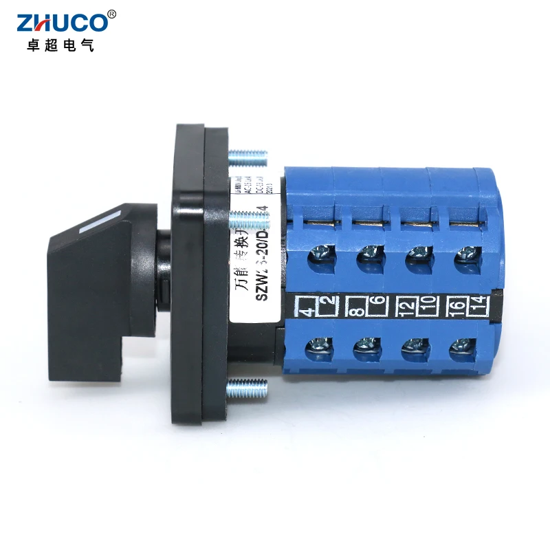 ZHUCO SZW26/LW26-20/D404.4 ON OFF ON 20A 4Pole 16 Terminals 64X64/48X48 Mm Panel Electric Reversing Cam Changeover Rotary Switch