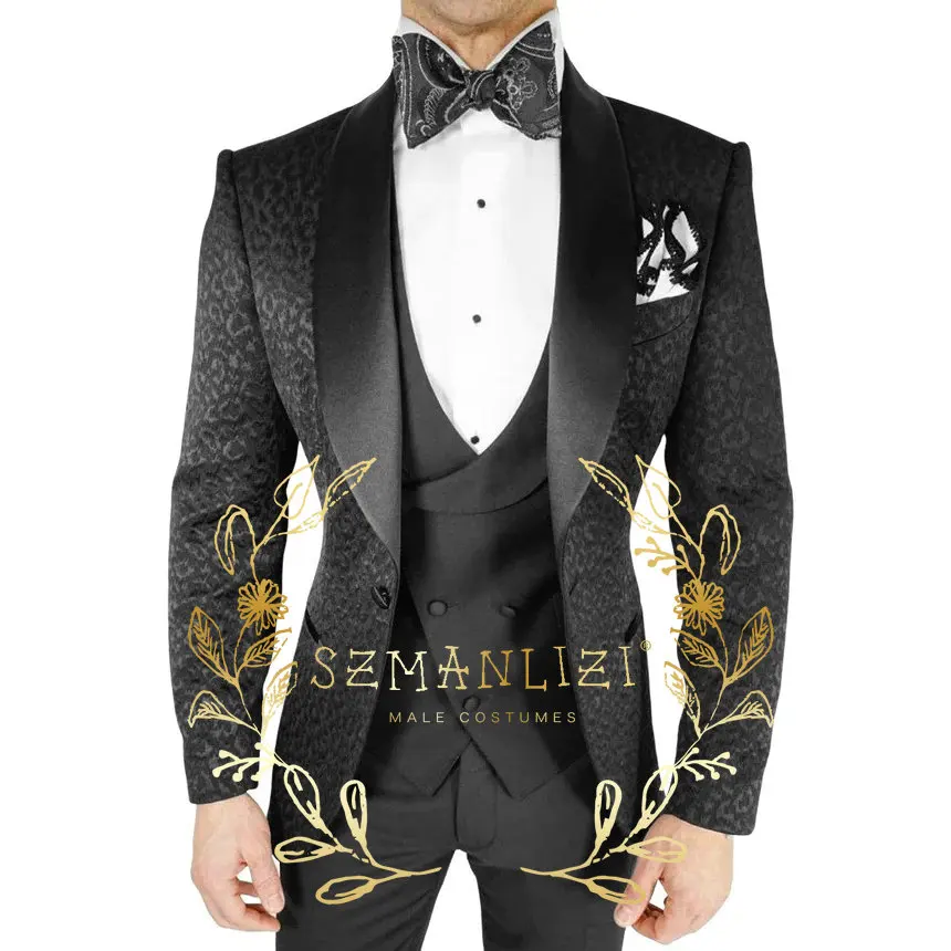 

SZMANLIZI Wedding Suits For Men Groom Tuxedo 2022 New Black Leopard Print Floral Jacket Plain Vest Pant Terno Masculino Completo