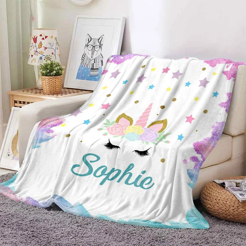 Cute Cartoon Unicorn Custom Name Blanket Baby Girl Kids Flannel Throw Blankets Warm Fluffy Personalized Birthday Christmas Gifts