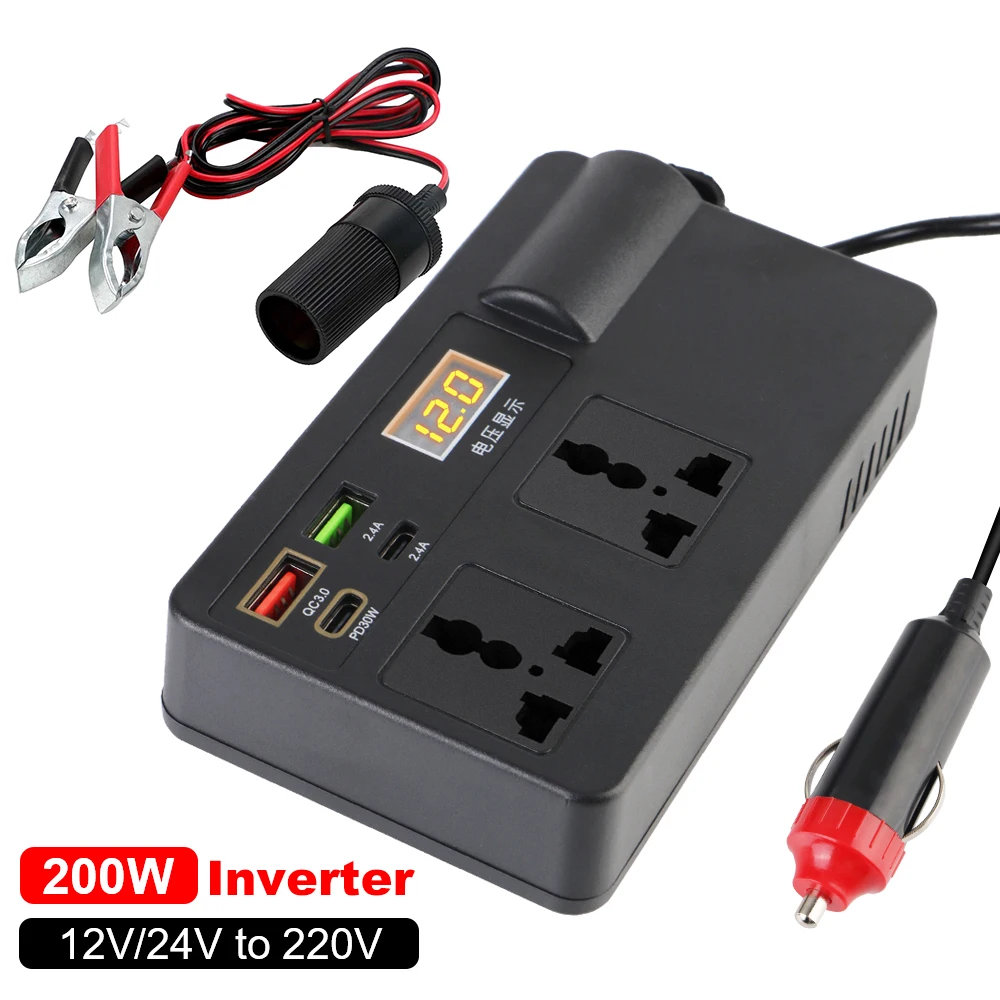 200W Household Inverter Storage Battery Converter DC 12V to AC 220V Car Inverter 7 Ports AC Power Socket PD Type-C USB Chargers