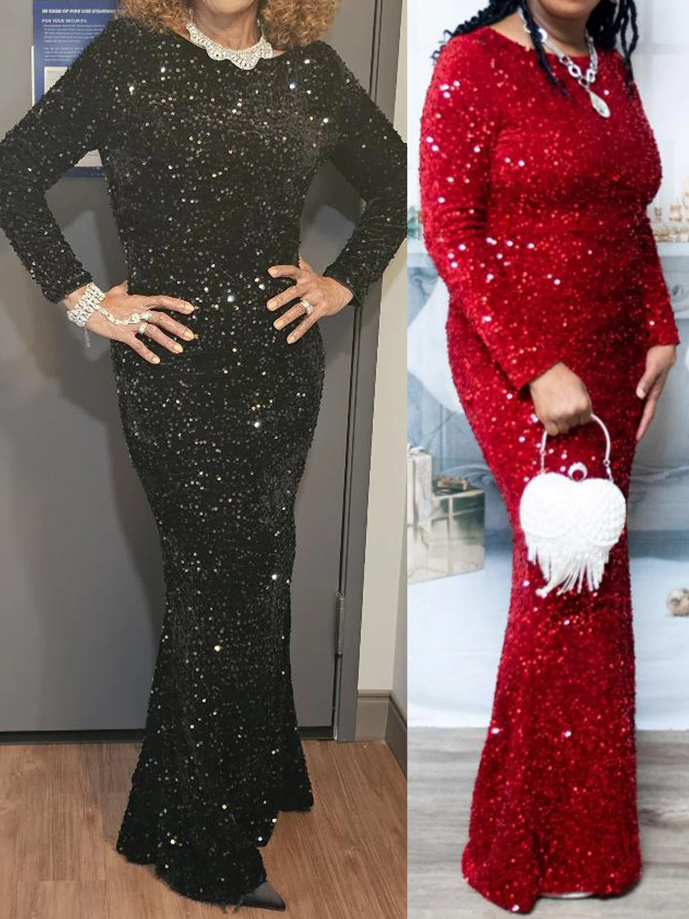 O Neck Sequined Velvet Evening Dress Formal Prom Gown Full Sleeved Long Maxi Dresses