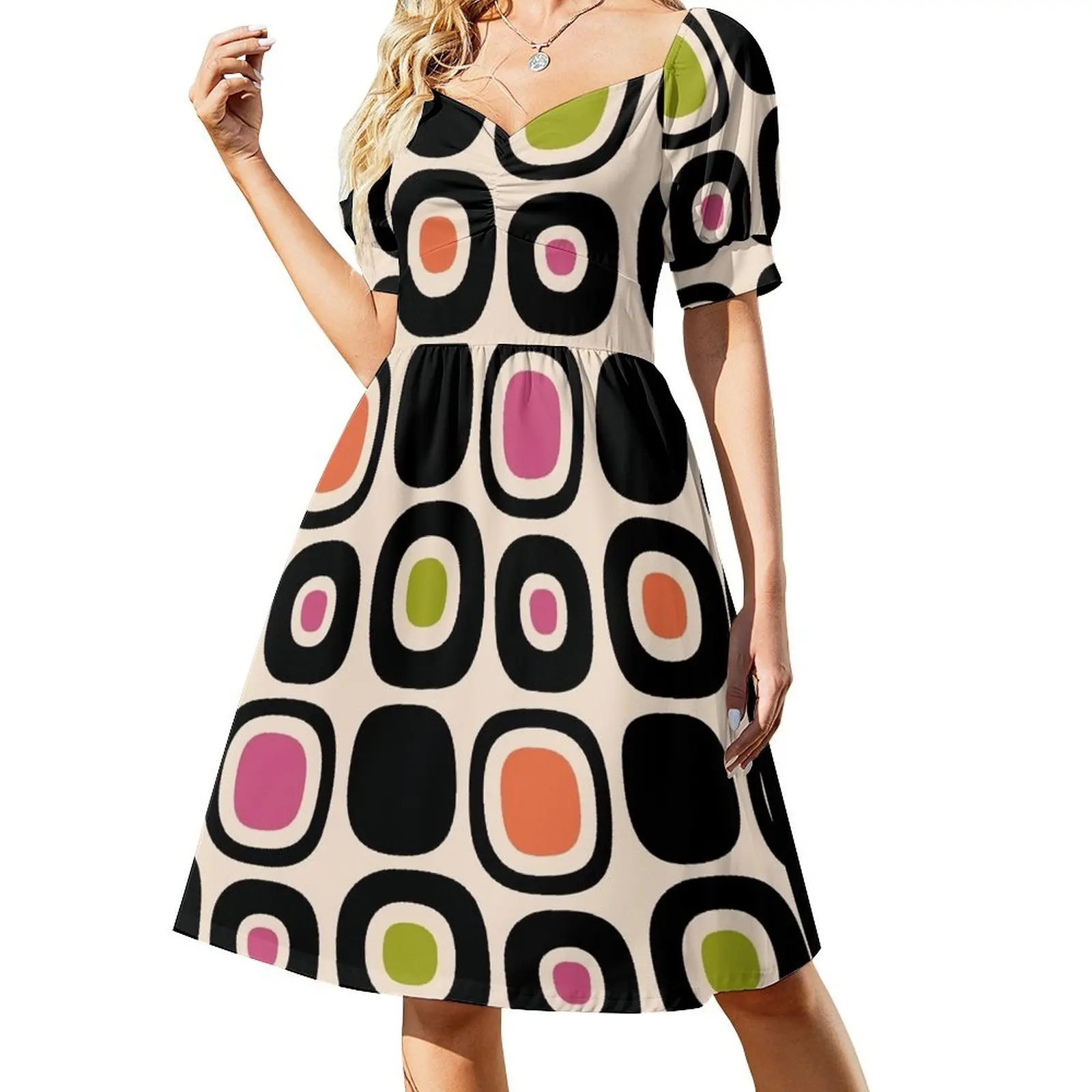 

Colorful Retro Mid Century Modern Garden Path Pattern 126 Short Sleeved Dress evening dress women Woman's evening dress