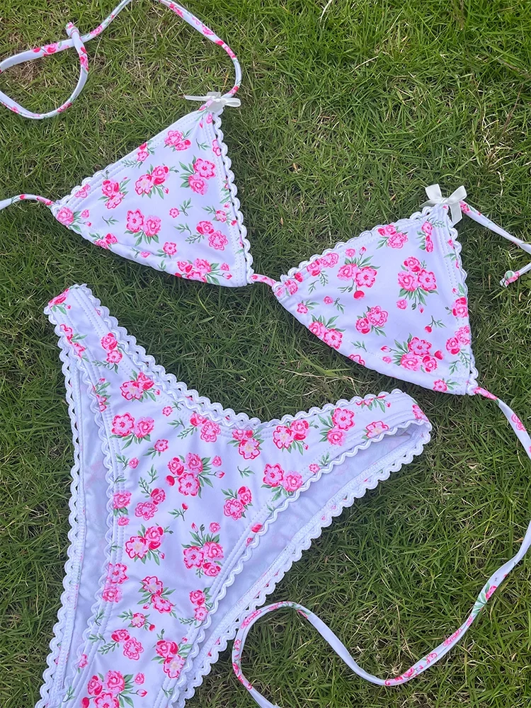 Bikini Floral, traje de baño rosa con lazo, traje de baño para mujer de cintura baja, Bikini de verano 2024, ropa de playa Sexy con vendaje