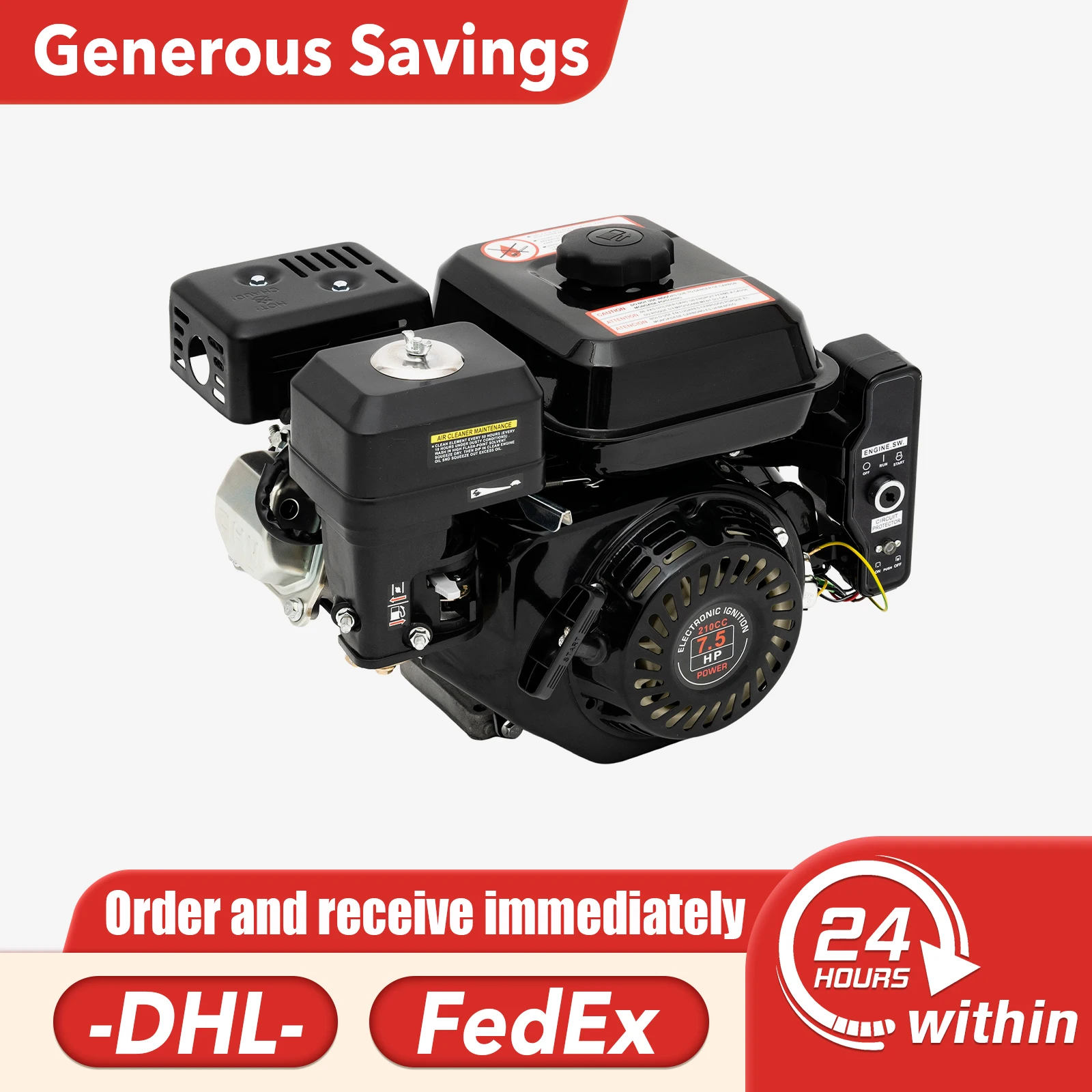 

Двигатель для картинга 210 куб.см, 7,5 л.с. — 4-тактный электрический/ручной запуск, воздушное охлаждение, емкость масла 0,6 л, прочный для мойки высокого давления