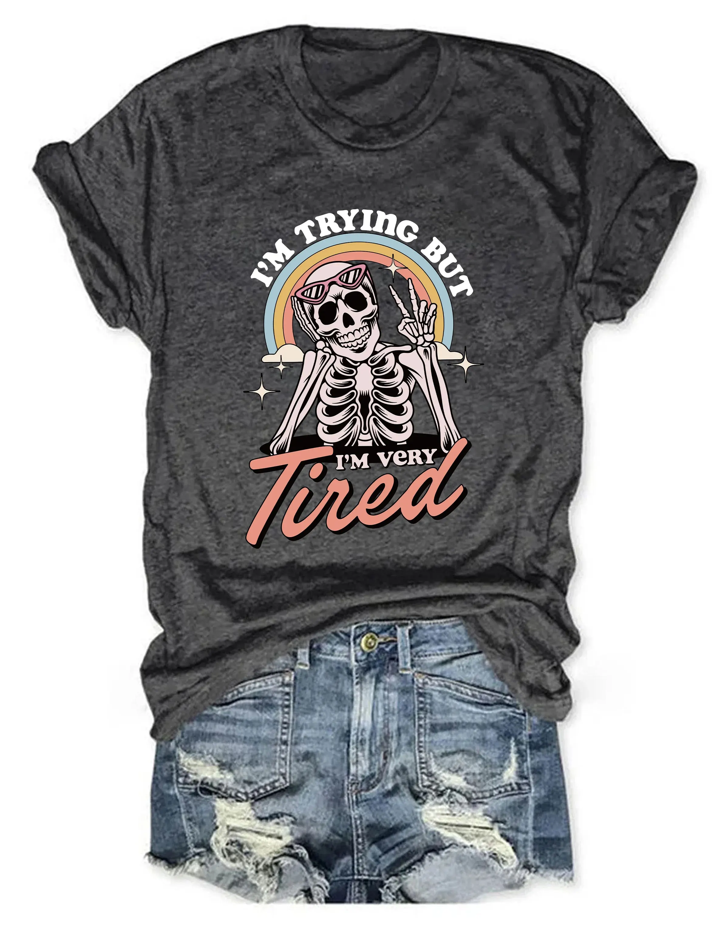 I'm Trying But I'm Very Tired Shirt Cute Skeleton Tshirt Mental Health Shirt Mom Life Shirt Gift for Mom