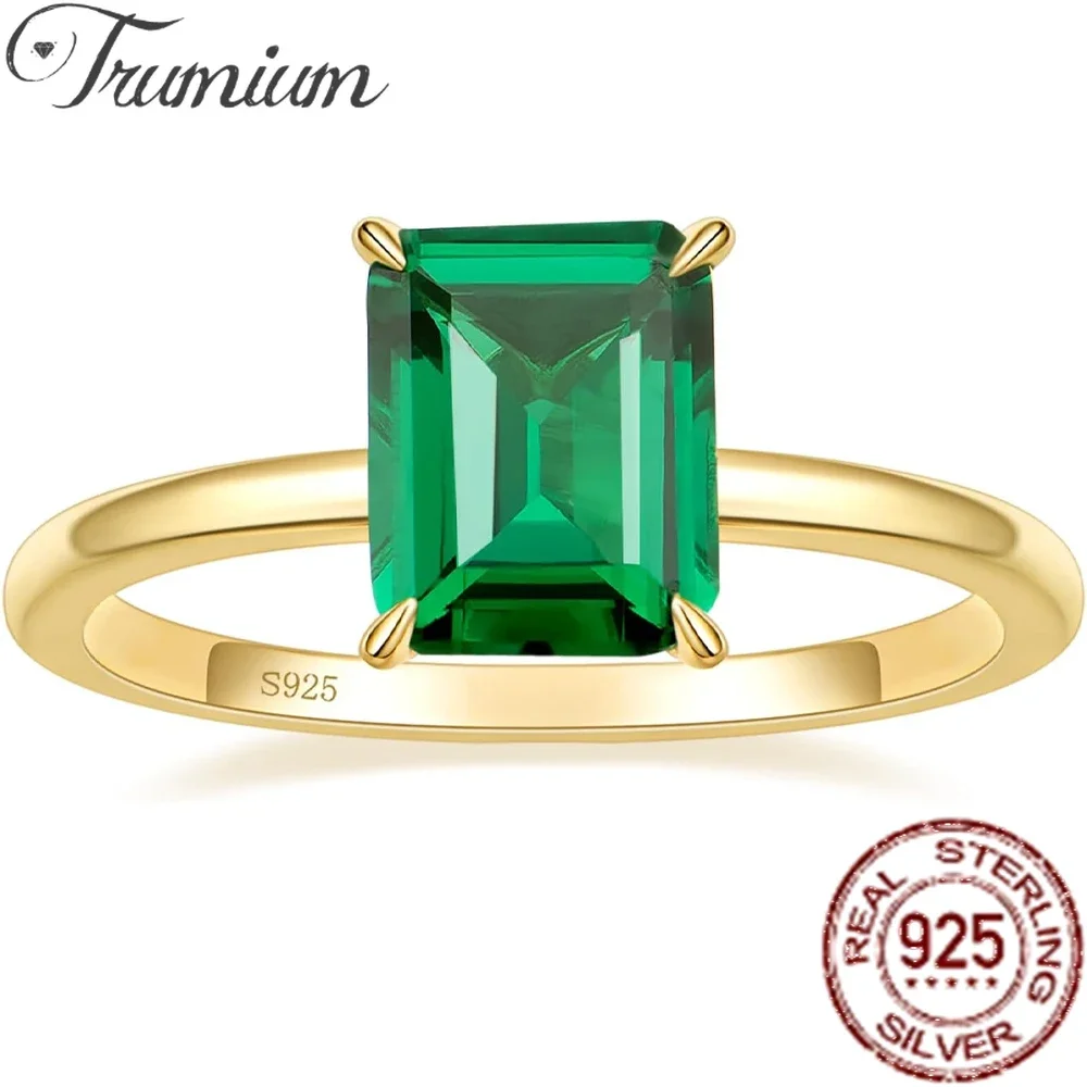 Trumium 3CT 925 Sterling Silver Emerald Engagement Rings for Women Gold Plated Emerald Cut Birthstone Gemstone Rings for Girl