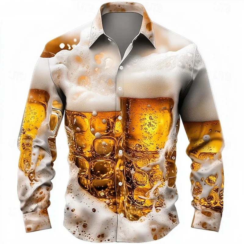 

3D Print Beer Graphic Men's Long Sleeve Shirt Festival Party Funny Fashion Button Lapel Shirts Autumn Outdoor Casual Man Clothes