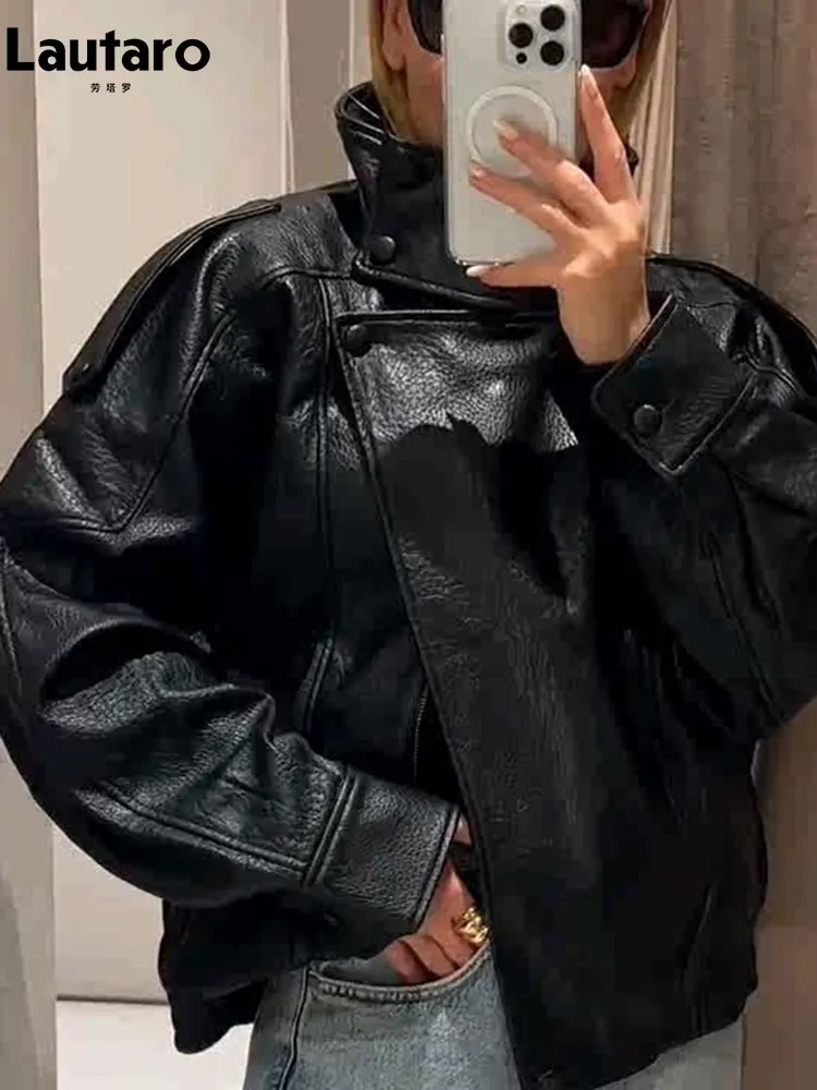 

Lautaro Spring Autumn Black Pu Leather Jacket Women Luxury Brands High Quality Woman Clothes 2026