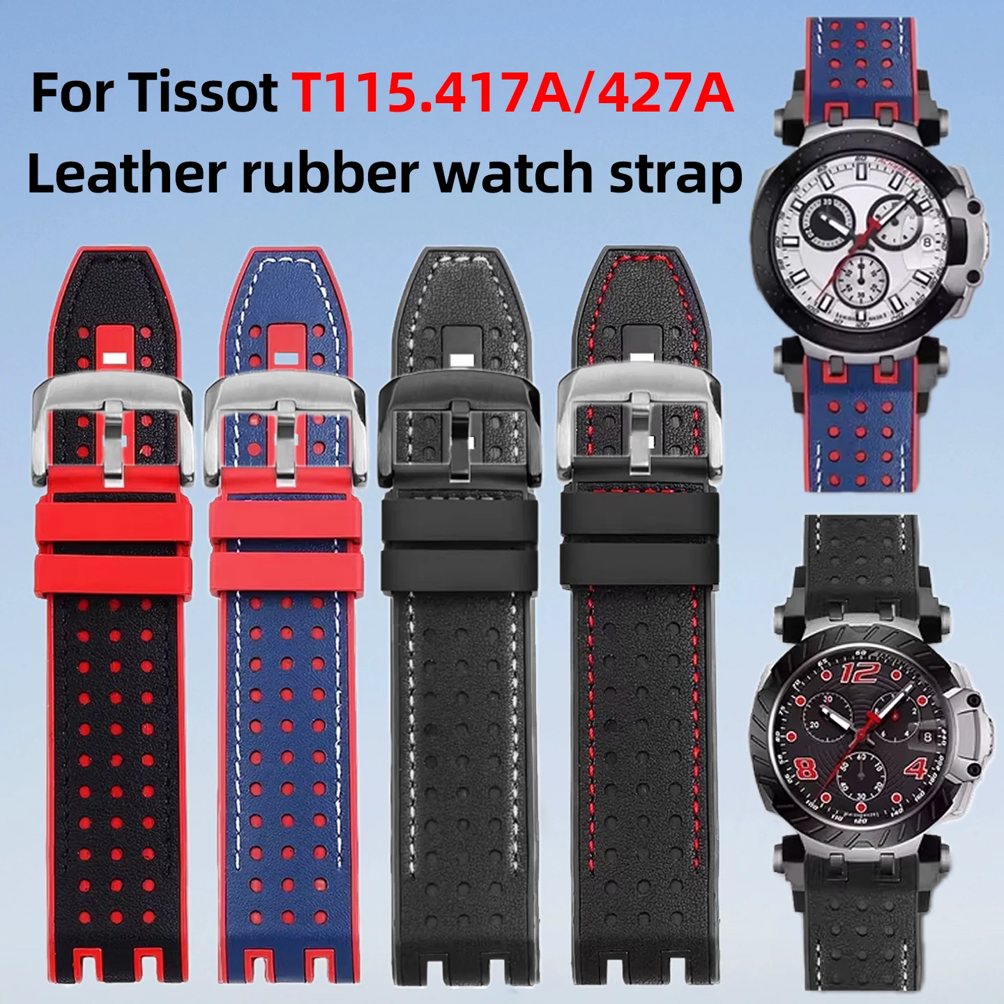 

T115417 Genuine leather strap 22mm For 1853 Tissot T-sport Racing T115.417 Moto GP Cowhide Rubber Bottom Watch band Accessories