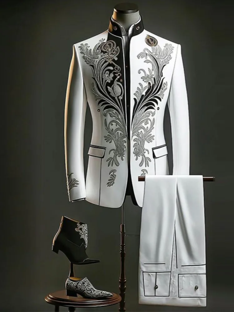 Men White Floral Print Two Piece Suit Stand Collar Jacket Pants Wedding Stage Formal Outfit