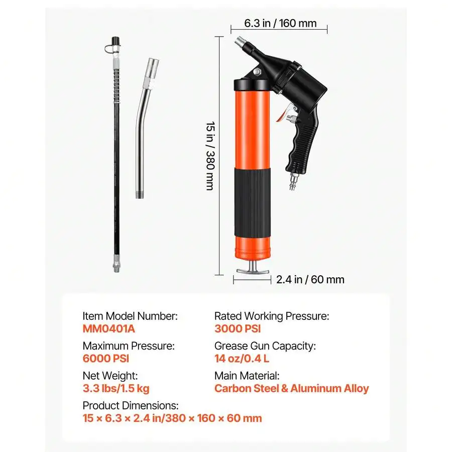 Grease Gun, Continuous Cycle Heavy Duty 6000 PSI High Pressure, Pistol Grip Grease Gun Kit With 14 Oz Capacity, Includes 18-Inch