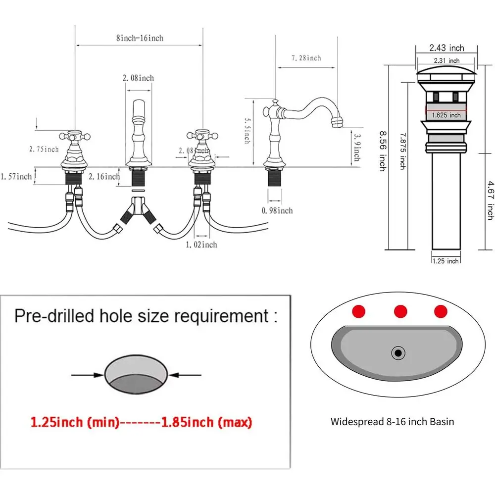 8 صنبور حوض حمام بمقبضين على نطاق واسع من النحاس العتيق مع 3 فتحات، وصرف منبثق وفائض