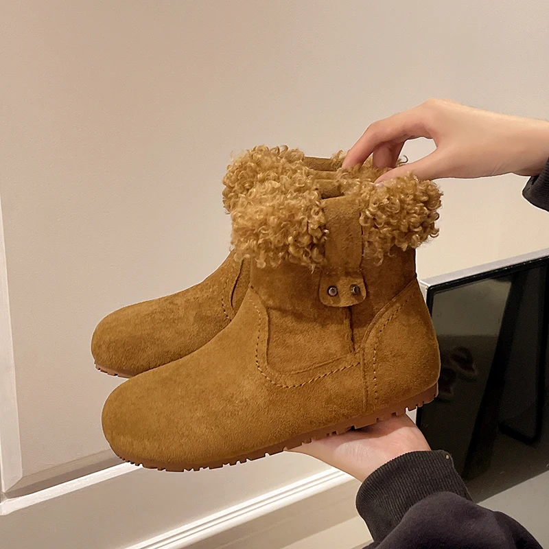 

Универсальные зимние ботинки в стиле ретро с круглым носком, женские зимние новые флисовые теплые нескользящие пушистые хлопковые туфли с короткими бедрами