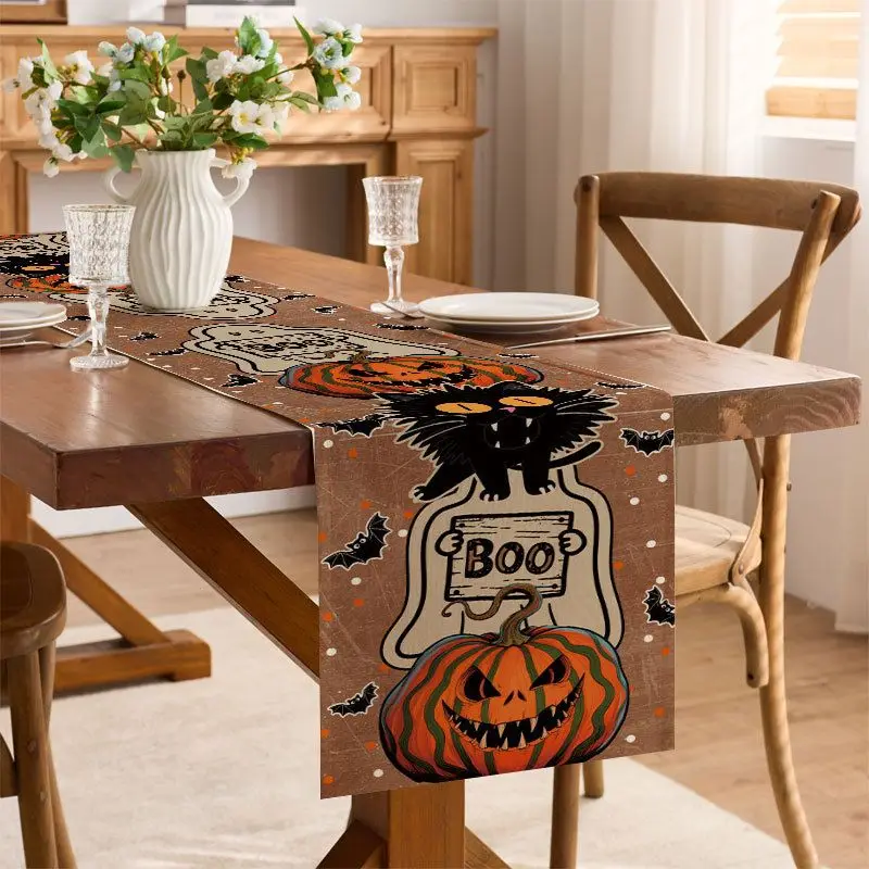 Black Pumpkin Ghost Halloween Table Runner, Linen Style Festival Table Decor, Tablecloth Placemat for Kitchen Dining Party Decor