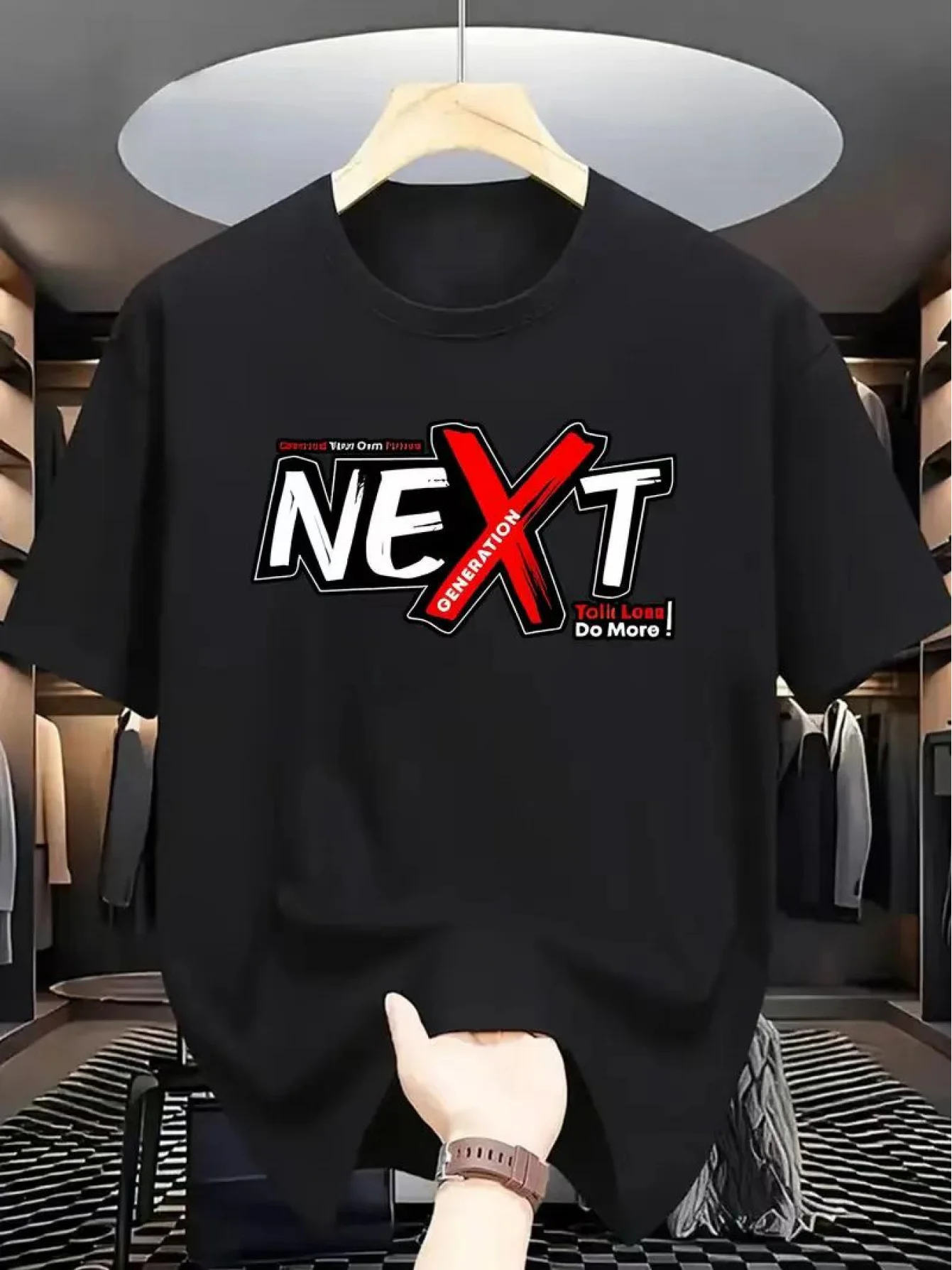 Trendy Men's Black Graphic T-Shirt Bold Next Generation Slogan Red X Letter Print Street Graphic 100% Cotton Heavyweight Short Sleeve Casual Streetwear Tee