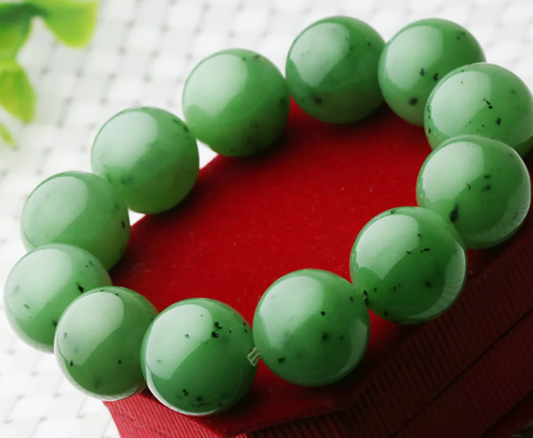 

Fine Jewelry Natural Hetian Nephrite Jade 18mm Jade Spinach Green Bracelet with Jade Round Beads for Men