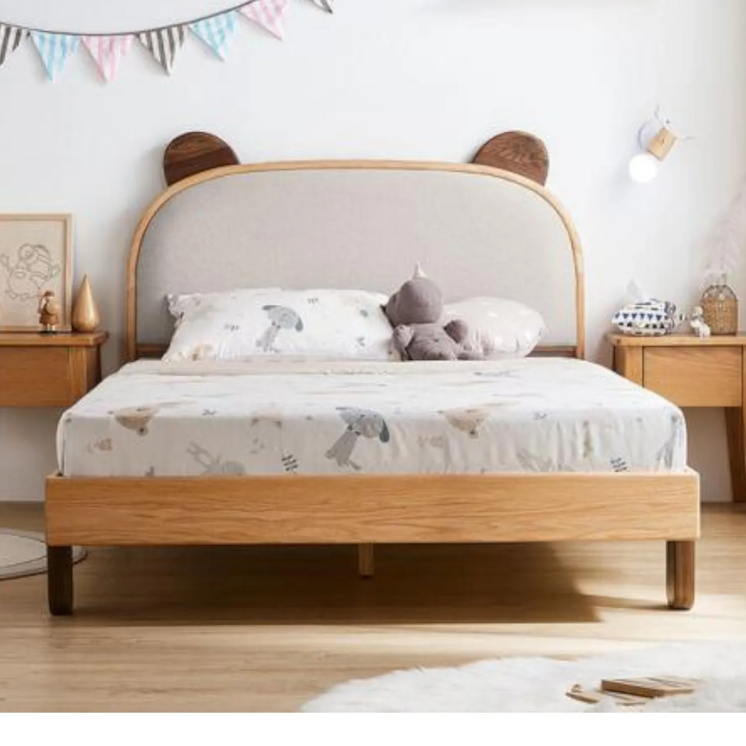 Custom Solid Wood Modern Bear Design Children Toddler Baby Upholstered Platform Bed Frame for Bedroom Farmhouse Hotel