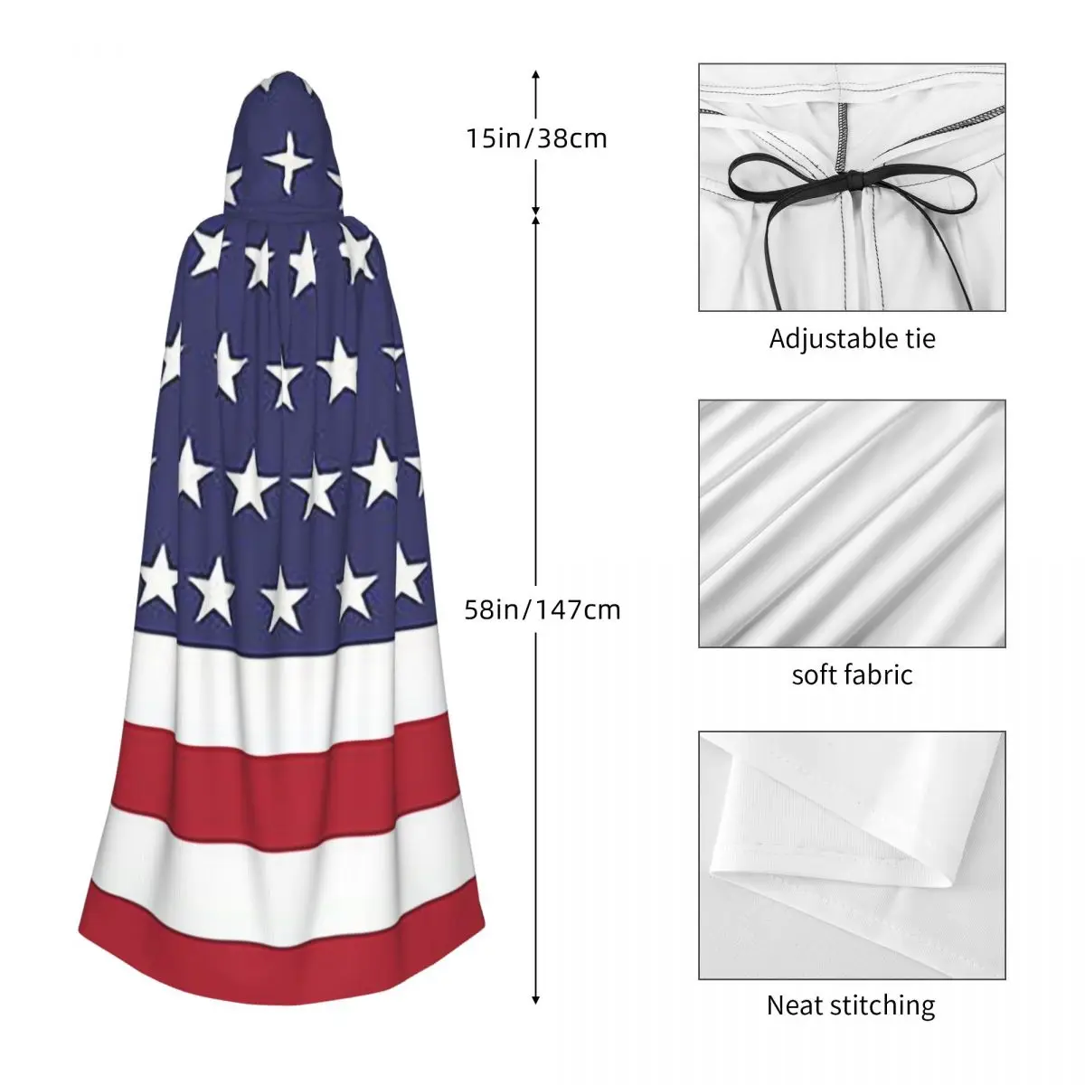 American Flag Graphic Design Long Hooded Cloak Witch Medieval Costume Cosplay Cape HalloweenVampire Adult Unisex