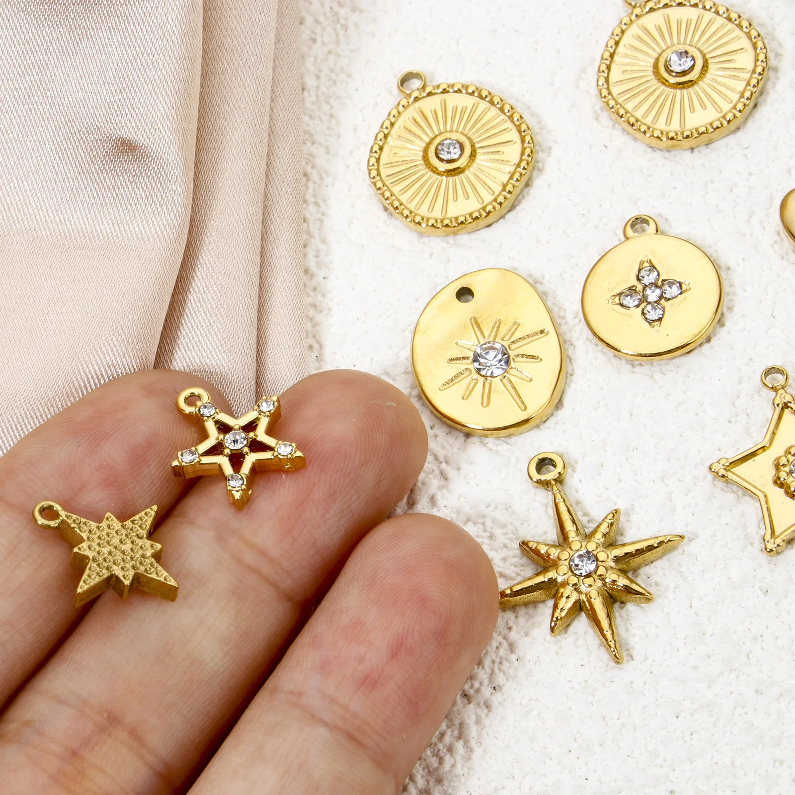 2pcs New Stainless Steel Charms Gold Color Galaxy Star Sun Clear Rhinestone Pendants DIY Jewelry Making Women Necklace Findings