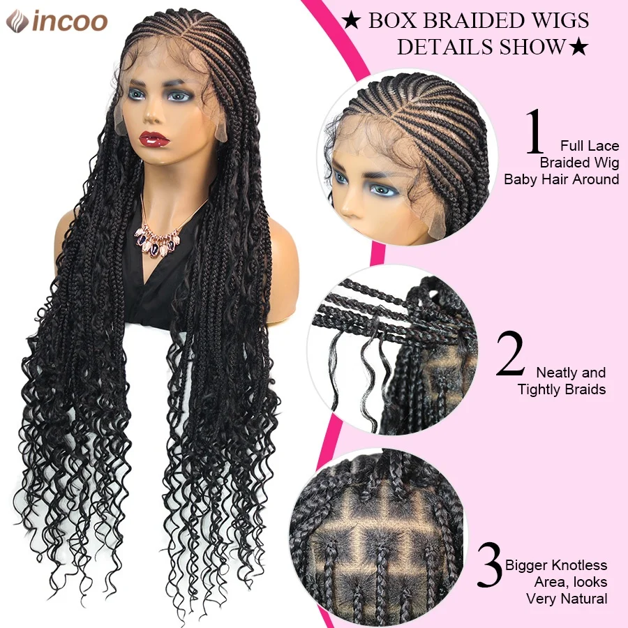 بوهو شعر مستعار مضفر الاصطناعية Knotless صندوق جديلة الباروكات مع نهايات الشعر المجعد Locs آلهة كامل الدانتيل الباروكات Cornrows تجديل خصلات الشعر المستعار