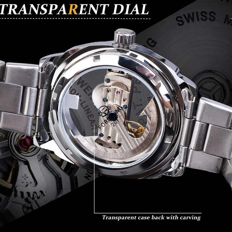 Forsining Top Brands Fashion Casual Mechanical Men Watch Skeleton Hollow Out Business Stainless Male Wristwatch Lover Watches