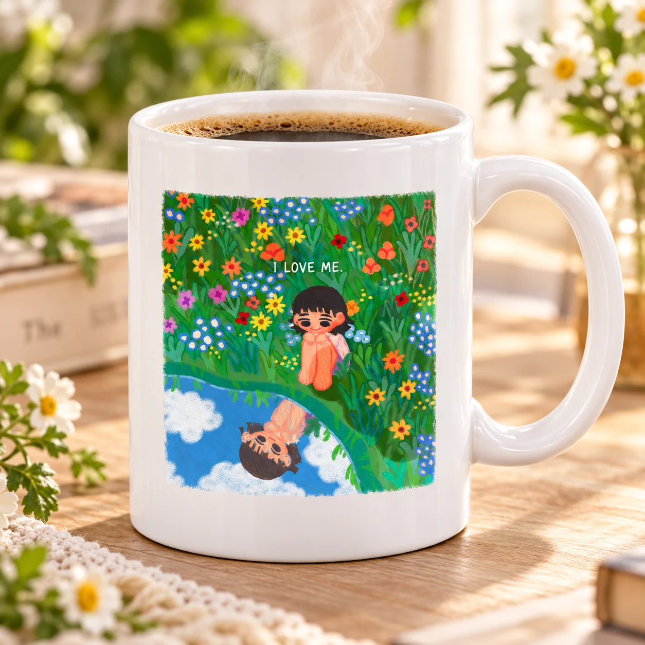 Sublimation Finished Printed 11oz Ceramic Mug, Vibrant Floral Meadow Cartoon Girl 