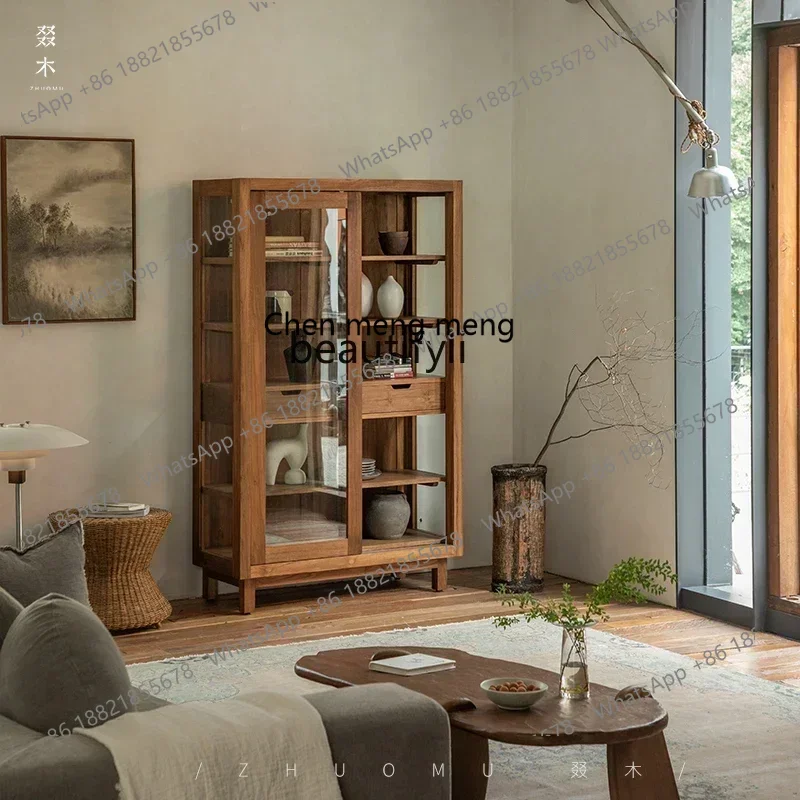 

182Q \ Nordic retro wine cabinet, antique bookcase, all solid wood glass storage cabinet